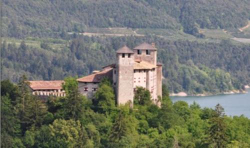 a large building on top of a hill next to a lake at Agriturismo Pisani in Brez