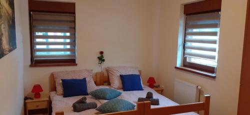 ein Schlafzimmer mit einem Bett mit blauen Kissen in der Unterkunft Apartman Vigo,Fužine in Fužine