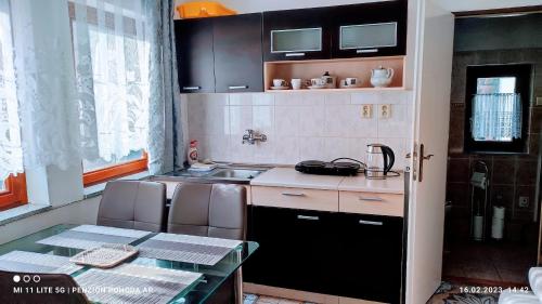 a small kitchen with a sink and a table at Penzion Pohoda - apartmány in Jeseník