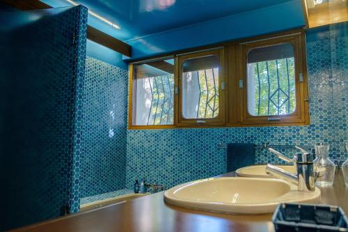 ein Bad mit einem Waschbecken, einem Spiegel und einer Dusche in der Unterkunft Parc de L'Aiguade in Saint-Paul-lès-Dax