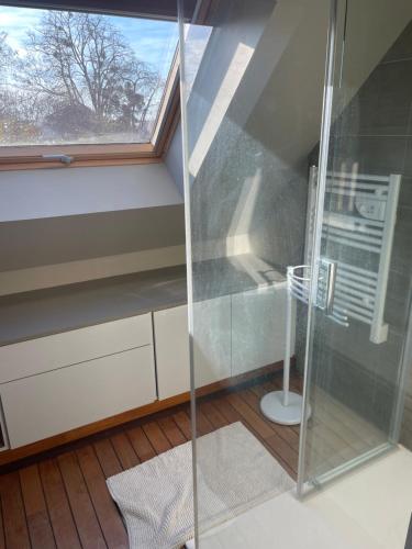a glass shower in a bathroom with a window at L’Aubépine in Saint-Gervais-la-Forêt