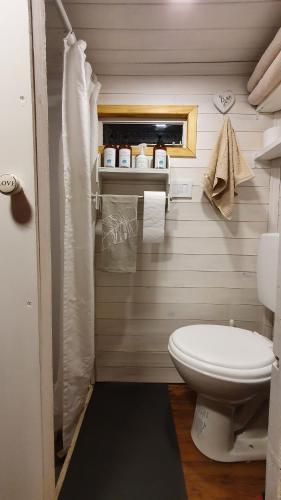 a small bathroom with a toilet and a window at El Vagón B&B in Lincoln