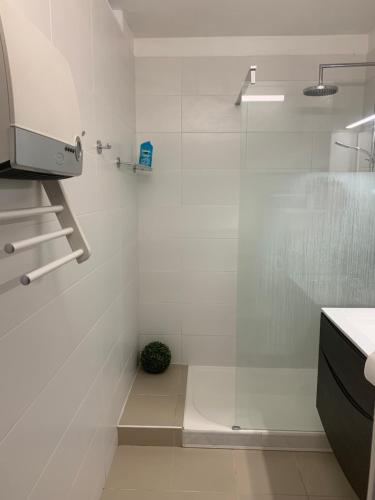 une salle de bain avec une douche avec une porte vitrée dans l'établissement IDEAL SEJOUR à MANDELIEU, à Mandelieu-la-Napoule