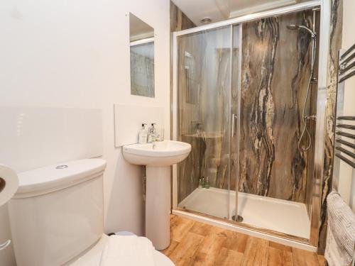 a bathroom with a toilet sink and a shower at Primrose in Blandford Forum