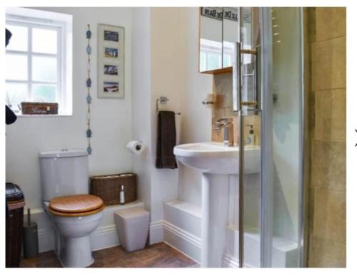 a bathroom with a toilet and a sink and a shower at The Hideaway in Shepton Mallet