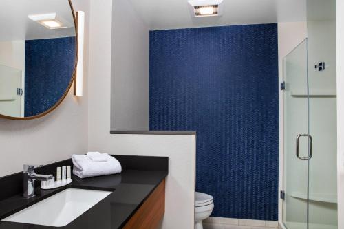 Fairfield by Marriott Inn & Suites Lebanon Near Expo Center في لبنان: حمام مع حوض وحائط ازرق