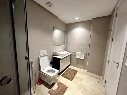 Un baño con inodoro, lavabo y ducha. en MODERNE, LUXUEUX et FRONT DE MER, en Tánger