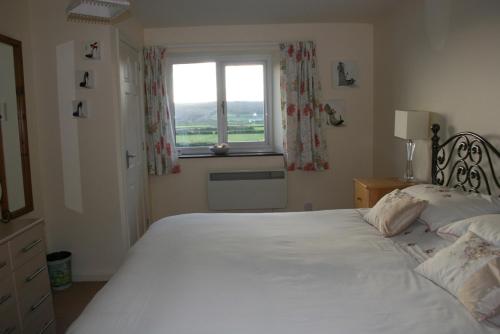 a bedroom with a large white bed with a window at Birslack Grange in Kendal