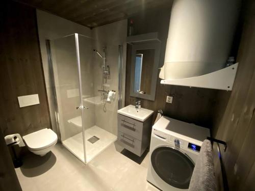 a bathroom with a shower and a toilet and a sink at Cosy apartment with ski in/out in Noresund