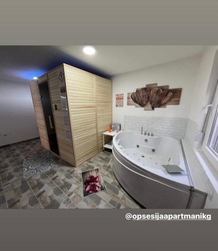 a bathroom with a large tub and a shower at Opsesija SPA in Kragujevac