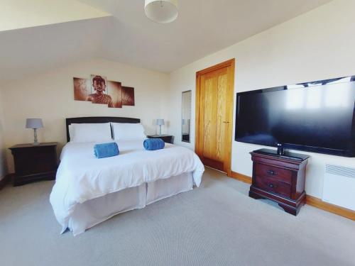 Private accommodation in house close to Galway City في غالواي: غرفة نوم بسرير كبير وتلفزيون بشاشة مسطحة كبيرة