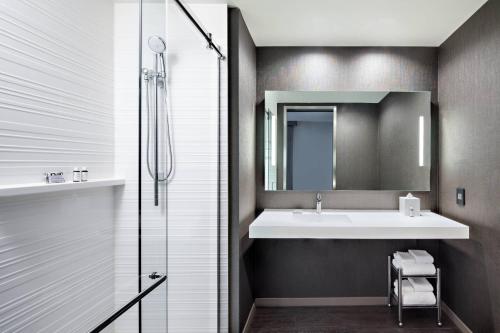 uma casa de banho com um lavatório e um espelho em AC Hotel by Marriott Grand Rapids Downtown em Grand Rapids