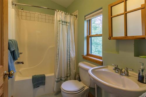 La salle de bains est pourvue de toilettes, d'un lavabo et d'une douche. dans l'établissement Tenwood Lodge, à Ithaca
