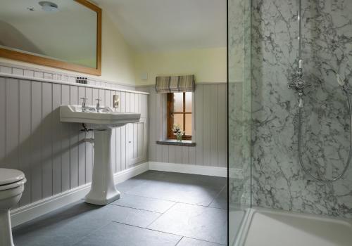 a bathroom with a sink and a shower at Glandwr Cottage at Hendre Rhys Gethin in Betws-y-coed