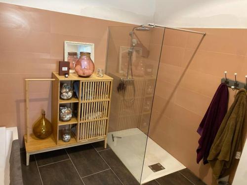 a bathroom with a shower and a shelf with vases at Maison 3 chambres cour/bassin in Pernes-les-Fontaines