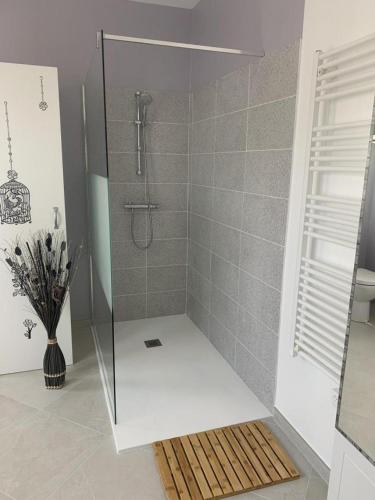 une douche avec une porte vitrée dans une salle de bain dans l'établissement Villa jfm, à Saint-Aygulf