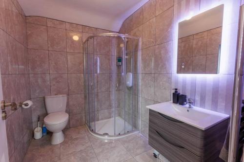 uma casa de banho com um chuveiro, um WC e um lavatório. em St. Edwards Hill em Sligo