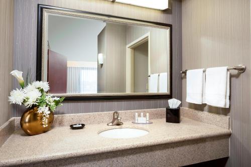 a bathroom with a sink and a large mirror at Courtyard by Marriott Columbia in Columbia