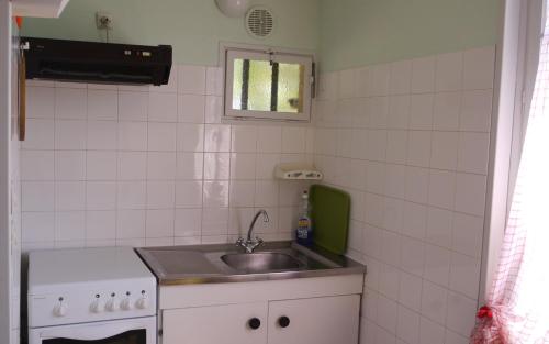une petite cuisine avec un évier et une cuisinière dans l'établissement Gite au milieu des vignes g43, à Vidauban