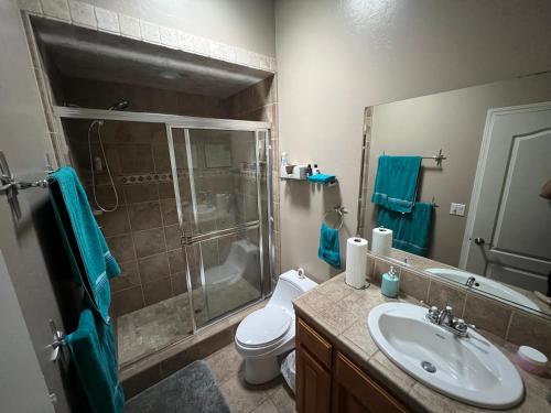 a bathroom with a shower and a toilet and a sink at My Oasis in Bakersfield