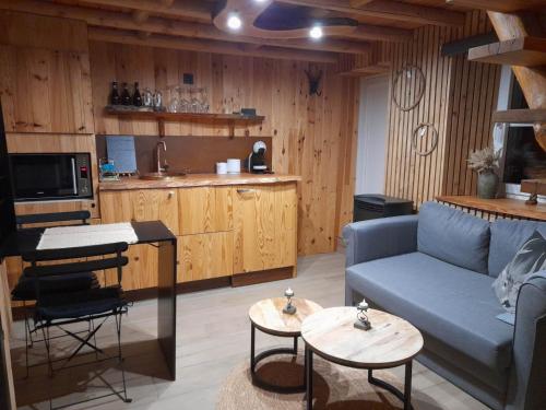 sala de estar con sofá azul y cocina en Ô ptit Zébo, en Bras