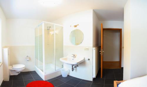 a bathroom with a sink and a shower and a toilet at Ferienwohnungen am Märchenpark in Marquartstein