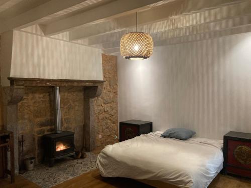 1 dormitorio con 1 cama y chimenea en Maison de charme, en Thil-sur-Arroux
