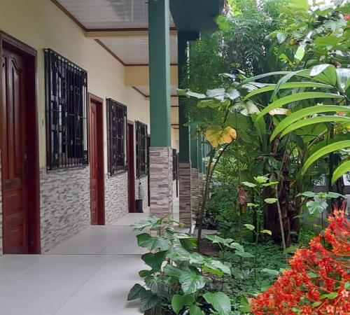 a building with a door and some plants and flowers at Wikungo Hotel in Puerto Nariño