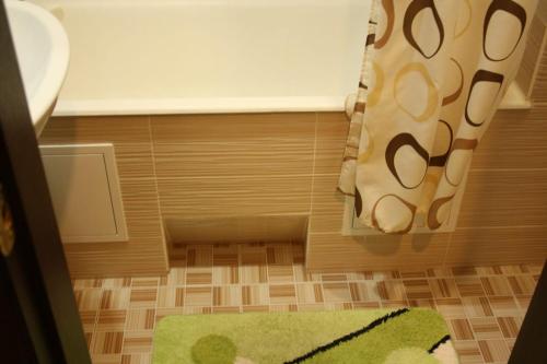 ein Badezimmer mit einem Boden mit einem grünen Teppich und einem Fenster in der Unterkunft Квартира на набережной in Pawlodar