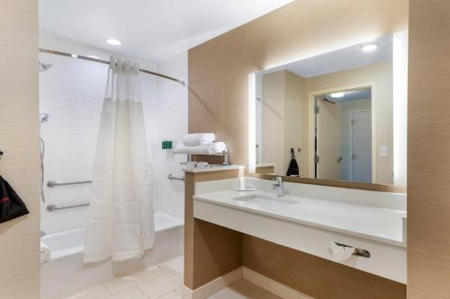 een badkamer met een wastafel en een douche met een spiegel bij Fairfield Inn & Suites by Marriott Mebane in Mebane