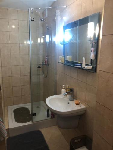 W łazience znajduje się prysznic, umywalka i prysznic. w obiekcie Dom pod barankiem w mieście Mielno