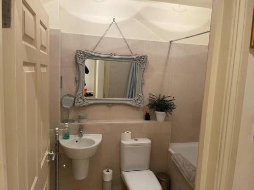 een badkamer met een toilet, een wastafel en een spiegel bij Luxurious serviced apt next to the City of London and Tower Bridge in Londen