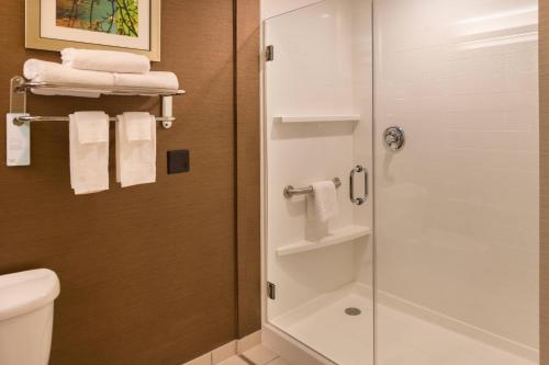 y baño con ducha, aseo y toallas. en Fairfield Inn & Suites by Marriott Olean, en Olean