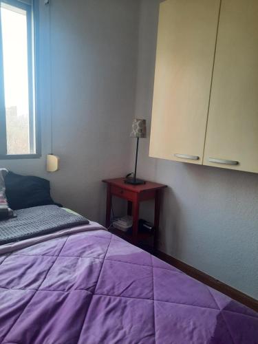 ein Schlafzimmer mit einem lila Bett und einem Tisch mit einer Lampe in der Unterkunft Una Habitación Individual en casa familiar dentro de Ciudad Patrimonio de la Humanidad in Alcalá de Henares