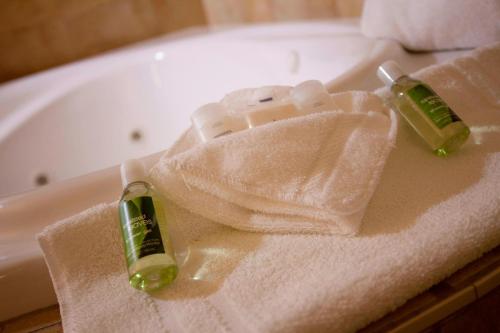 a pile of towels and a bottle of soap on a sink at TownePlace Suites Detroit Warren in Warren