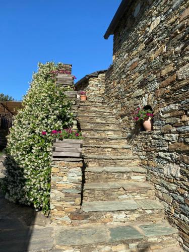 a stone retaining wall with a stone staircase at Chambres d'hôtes et studios de charme - A Mandria in Murato