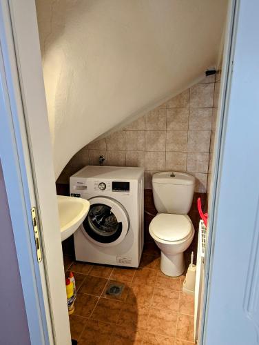 a small bathroom with a toilet and a washing machine at Lichnides Maisonette in Mola Kalyva