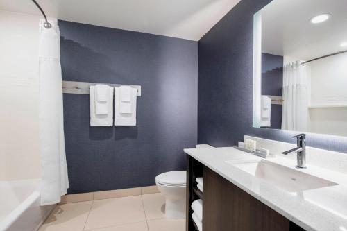 W łazience znajduje się umywalka, toaleta i lustro. w obiekcie Residence Inn by Marriott Winnipeg w mieście Winnipeg