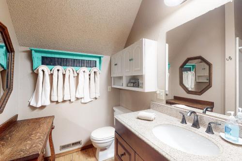 a bathroom with a sink and a toilet and a mirror at Lone Star Lake House in Eureka Springs