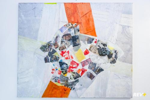a collage of photographs on a quilt at Lia Art Hotel in La Spezia
