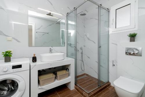 a bathroom with a sink and a washing machine at Cinque Terre Iakinthi in Zakynthos Town