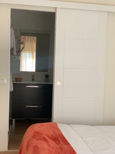 a bedroom with a bed and a sink and a mirror at Pensión Cantabrico in Navia