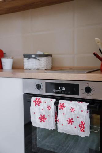 two towels are hanging on the oven in a kitchen at Ana Kraljevo in Kraljevo