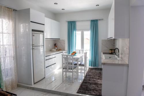 a kitchen with a refrigerator and a table in it at Casa di Gio in Kalabaka