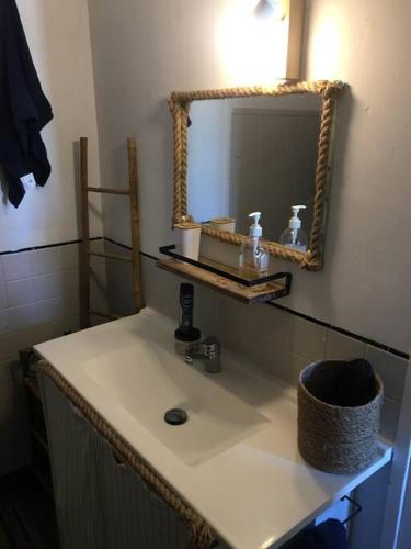 une salle de bain avec un lavabo et un miroir au mur dans l'établissement Appartement 300 m plage et port, à Banyuls-sur-Mer