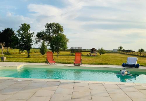 - une piscine avec des chaises et un chien dans l'eau dans l'établissement Piscine chauffée Villa mouettes de Loire, à Maslives