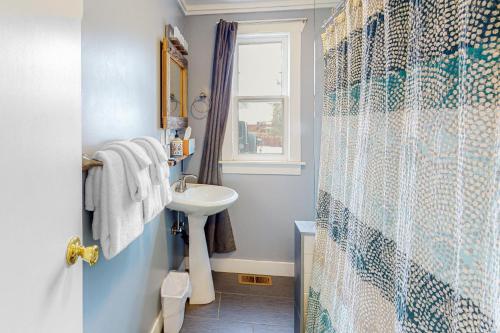 a bathroom with a sink and a shower curtain at Rocky Mountain Resting Place in Estes Park