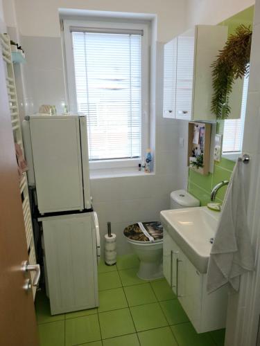 y baño con nevera, aseo y lavamanos. en Apartmán u Zuzanky, en Svoboda nad Úpou