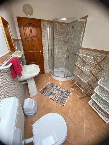 a bathroom with a shower and a toilet and a sink at Gaál Vendégház in Szentgotthárd