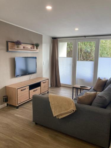 een woonkamer met een bank en een flatscreen-tv bij Moderne Ferienwohnung mit Balkon in Herxheim